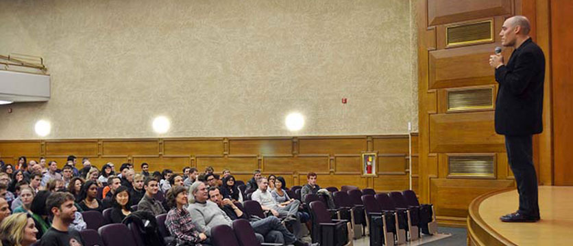 Image of Joshua Oppenheimer giving his lecture.